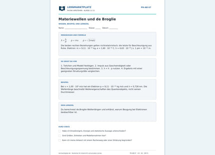 Materiewellen und de Broglie - kostenloses Arbeitsblatt mit Lösungen als PDF
