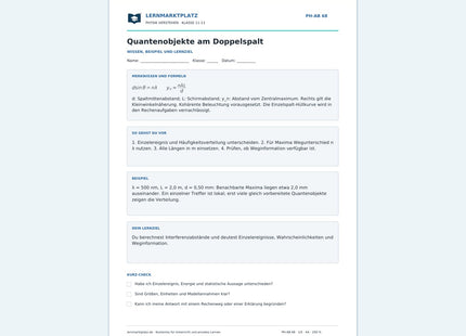 Quantenobjekte am Doppelspalt - kostenloses Arbeitsblatt mit Lösungen als PDF