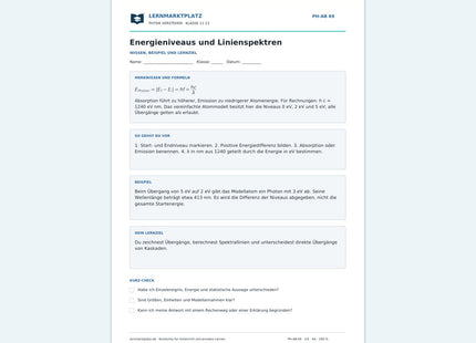 Energieniveaus und Linienspektren - kostenloses Arbeitsblatt mit Lösungen als PDF