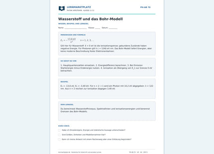 Wasserstoff und das Bohr-Modell - kostenloses Arbeitsblatt mit Lösungen als PDF