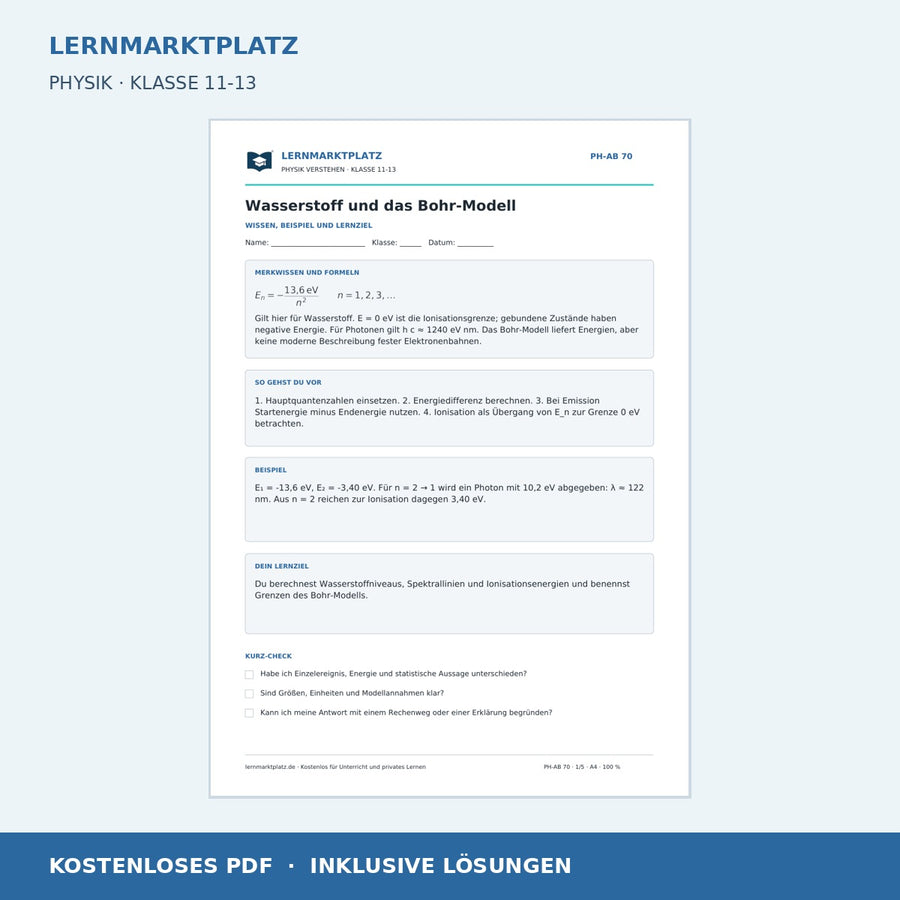 Wasserstoff und das Bohr-Modell - kostenloses Arbeitsblatt mit Lösungen als PDF