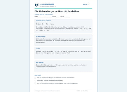 Die Heisenbergsche Unschärferelation - kostenloses Arbeitsblatt mit Lösungen als PDF