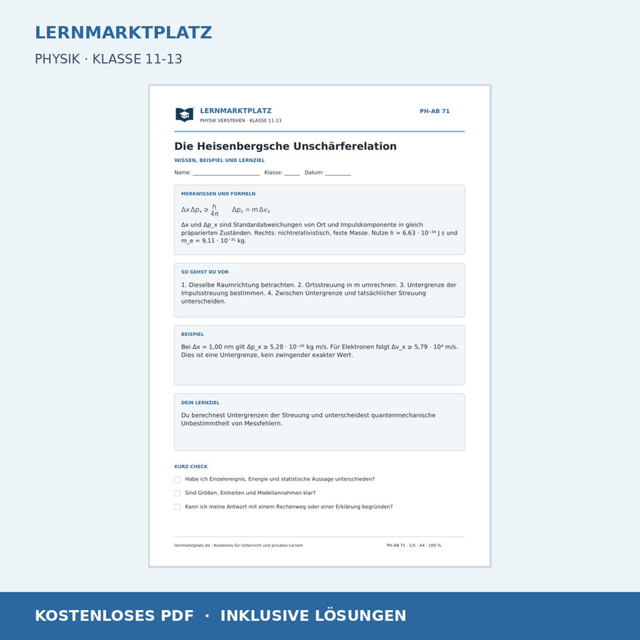 Die Heisenbergsche Unschärferelation - kostenloses Arbeitsblatt mit Lösungen als PDF