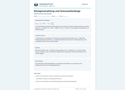 Röntgenstrahlung und Grenzwellenlänge - kostenloses Arbeitsblatt mit Lösungen als PDF