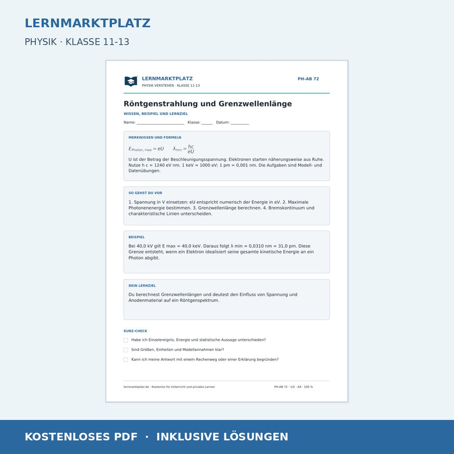 Röntgenstrahlung und Grenzwellenlänge - kostenloses Arbeitsblatt mit Lösungen als PDF