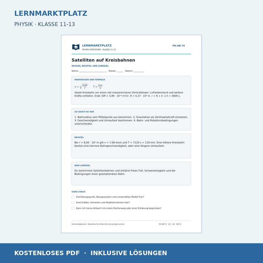 Satelliten auf Kreisbahnen - kostenloses Arbeitsblatt mit Lösungen als PDF