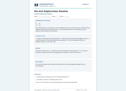 Die drei Keplerschen Gesetze - kostenloses Arbeitsblatt mit Lösungen als PDF