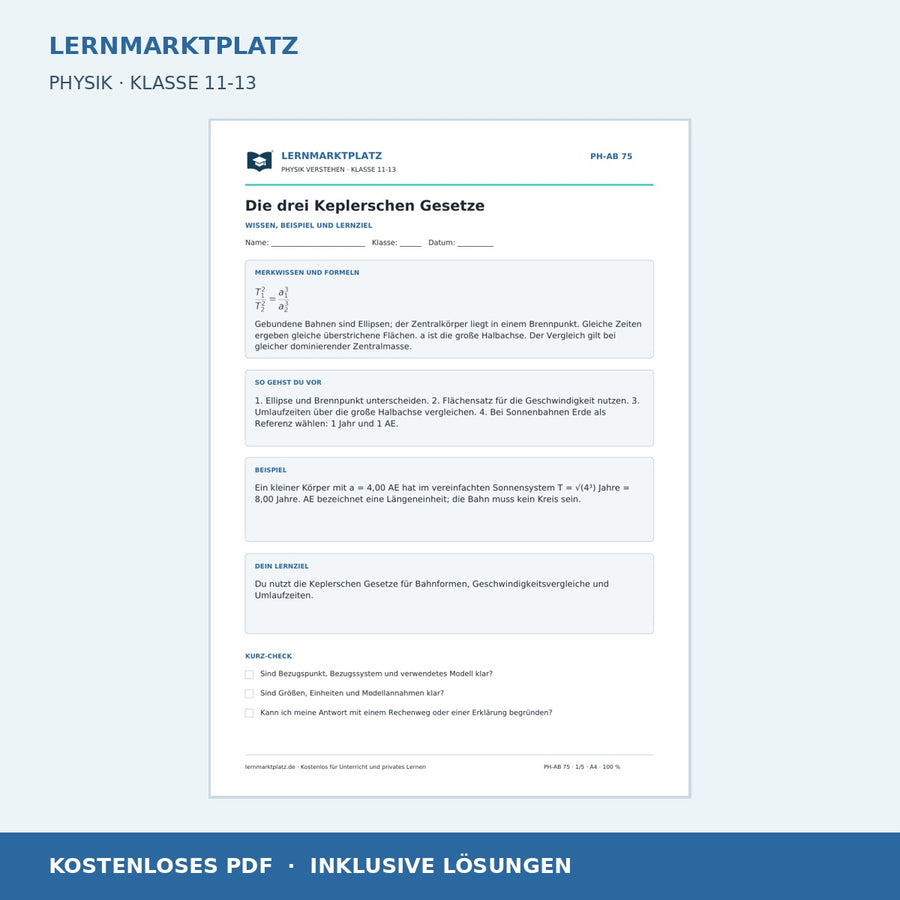 Die drei Keplerschen Gesetze - kostenloses Arbeitsblatt mit Lösungen als PDF