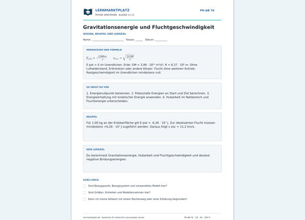 Gravitationsenergie und Fluchtgeschwindigkeit - kostenloses Arbeitsblatt mit Lösungen als PDF