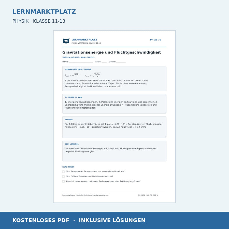 Gravitationsenergie und Fluchtgeschwindigkeit - kostenloses Arbeitsblatt mit Lösungen als PDF