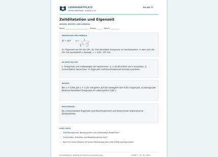 Zeitdilatation und Eigenzeit - kostenloses Arbeitsblatt mit Lösungen als PDF