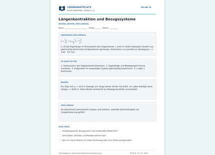Längenkontraktion und Bezugssysteme - kostenloses Arbeitsblatt mit Lösungen als PDF