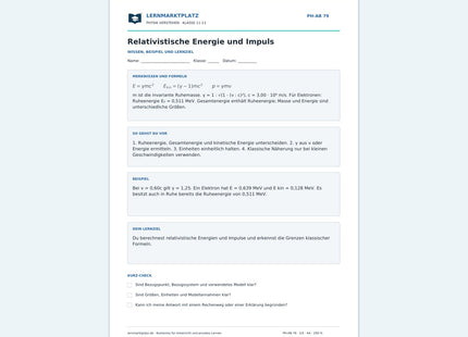 Relativistische Energie und Impuls - kostenloses Arbeitsblatt mit Lösungen als PDF