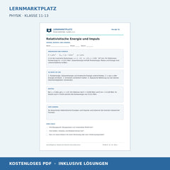 Relativistische Energie und Impuls - kostenloses Physik-Arbeitsblatt mit Lösungen (PDF)