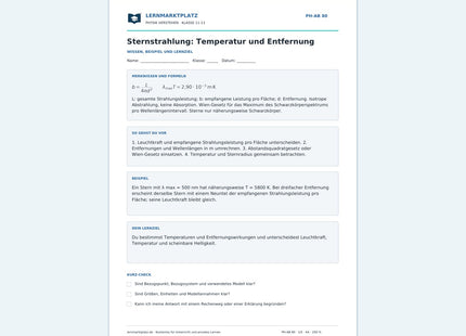 Sternstrahlung: Temperatur und Entfernung - kostenloses Arbeitsblatt mit Lösungen als PDF