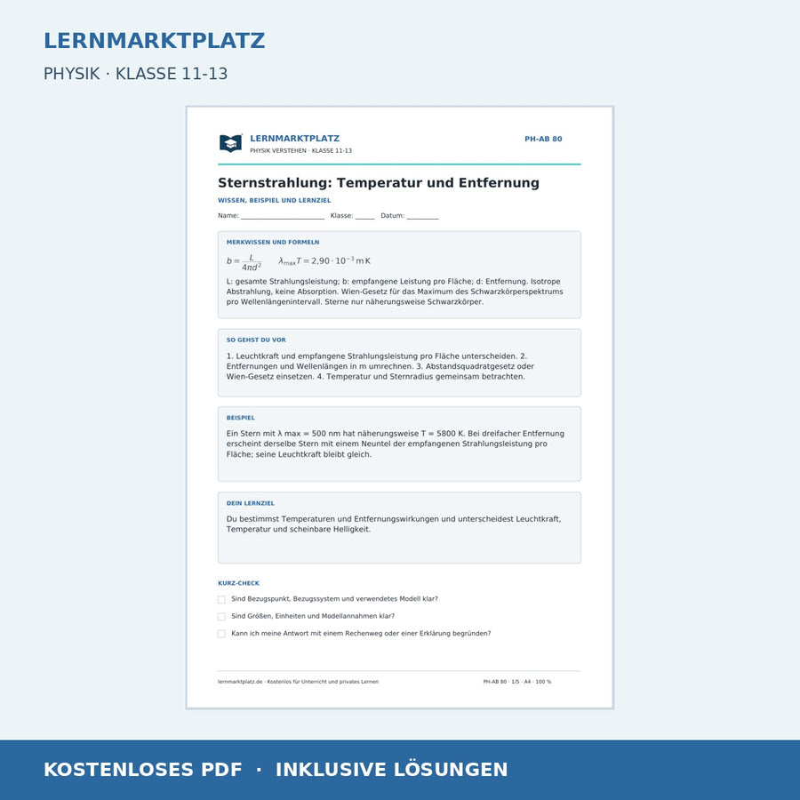 Sternstrahlung: Temperatur und Entfernung - kostenloses Arbeitsblatt mit Lösungen als PDF