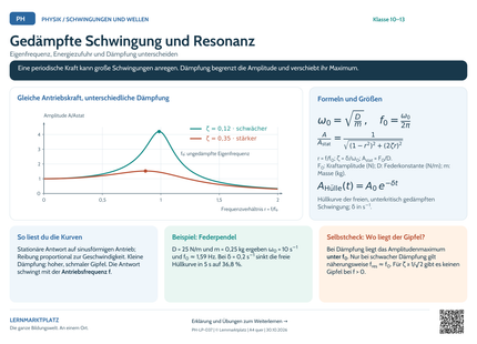 Physik-Lernposter: Gedämpfte Schwingung und Resonanz – A4 und A3 quer