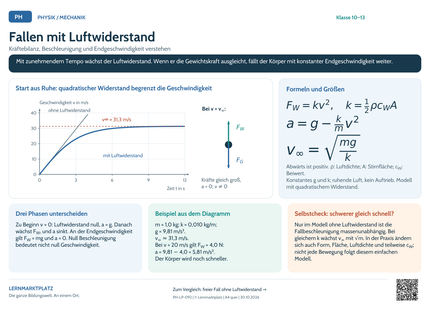 Physik Lernposter: Fallen mit Luftwiderstand – Vorschau A4 quer