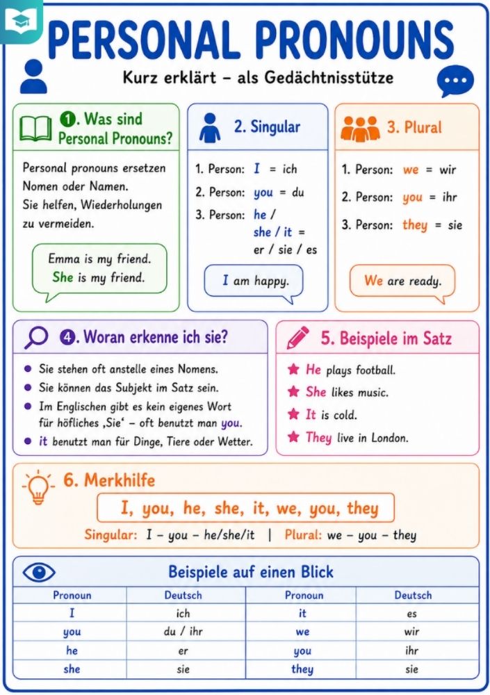 Personal Pronouns – Englisch-Lernkarte (kostenloses PDF)