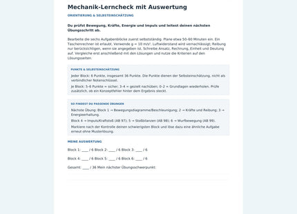 Mechanik-Lerncheck mit Auswertung – Vorschau der ersten Seite