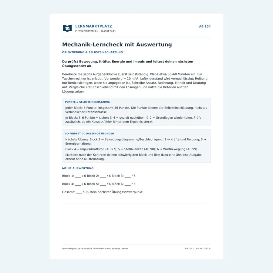 Mechanik-Lerncheck mit Auswertung – Vorschau der ersten Seite