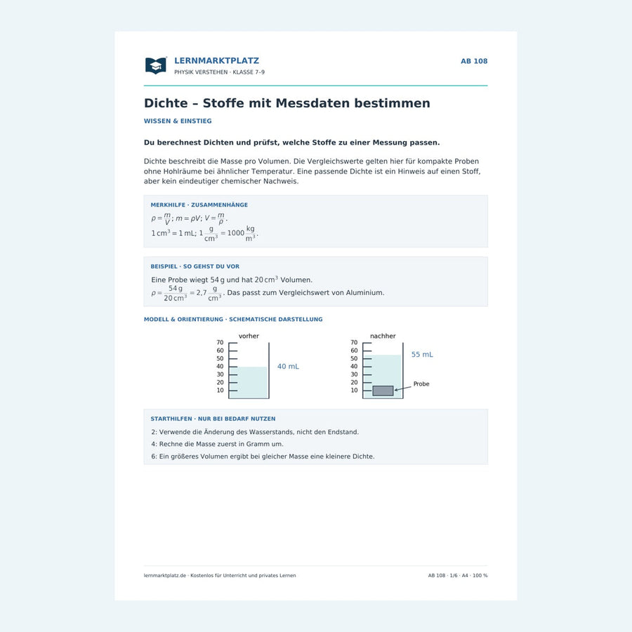 Dichte – Stoffe mit Messdaten bestimmen – erste Seite