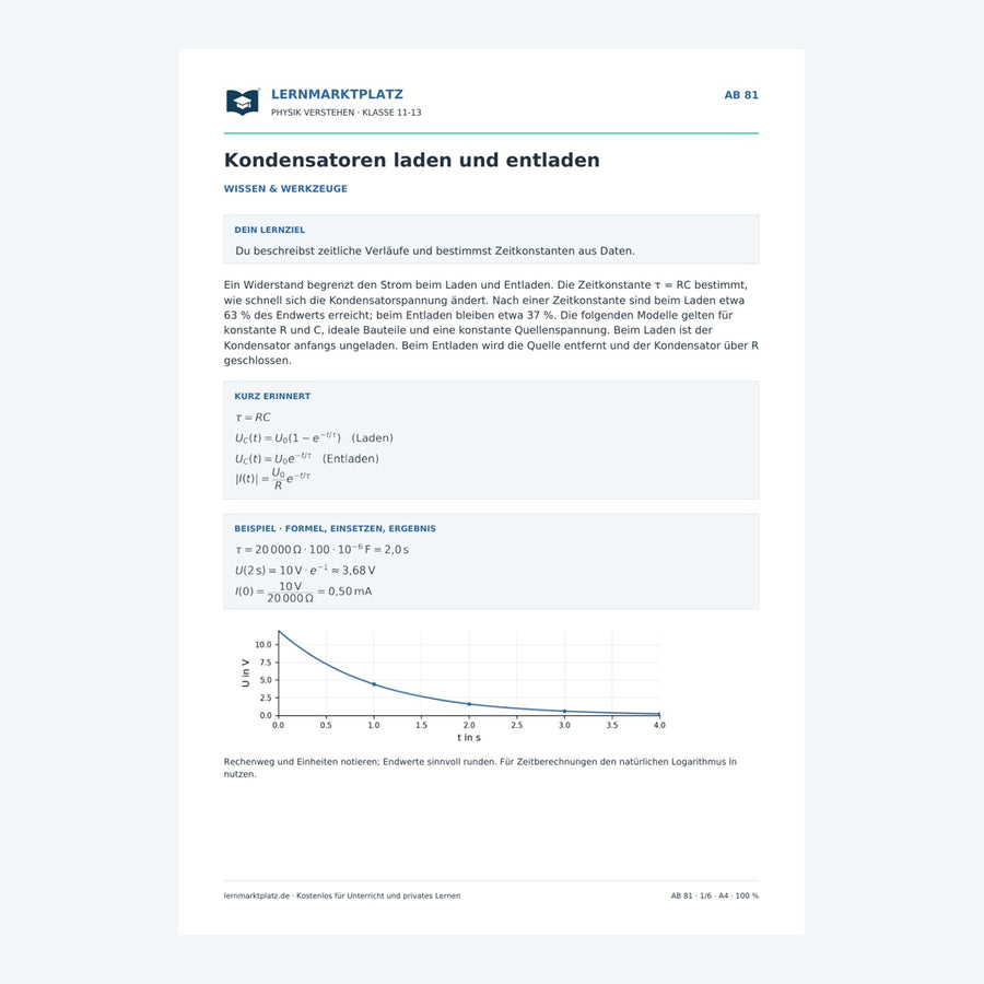 Kondensatoren laden und entladen - kostenloses Physik-Arbeitsblatt mit Lösungen (PDF)