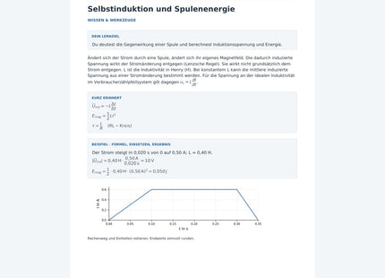 Selbstinduktion und Spulenenergie - kostenloses Physik-Arbeitsblatt mit Lösungen (PDF)