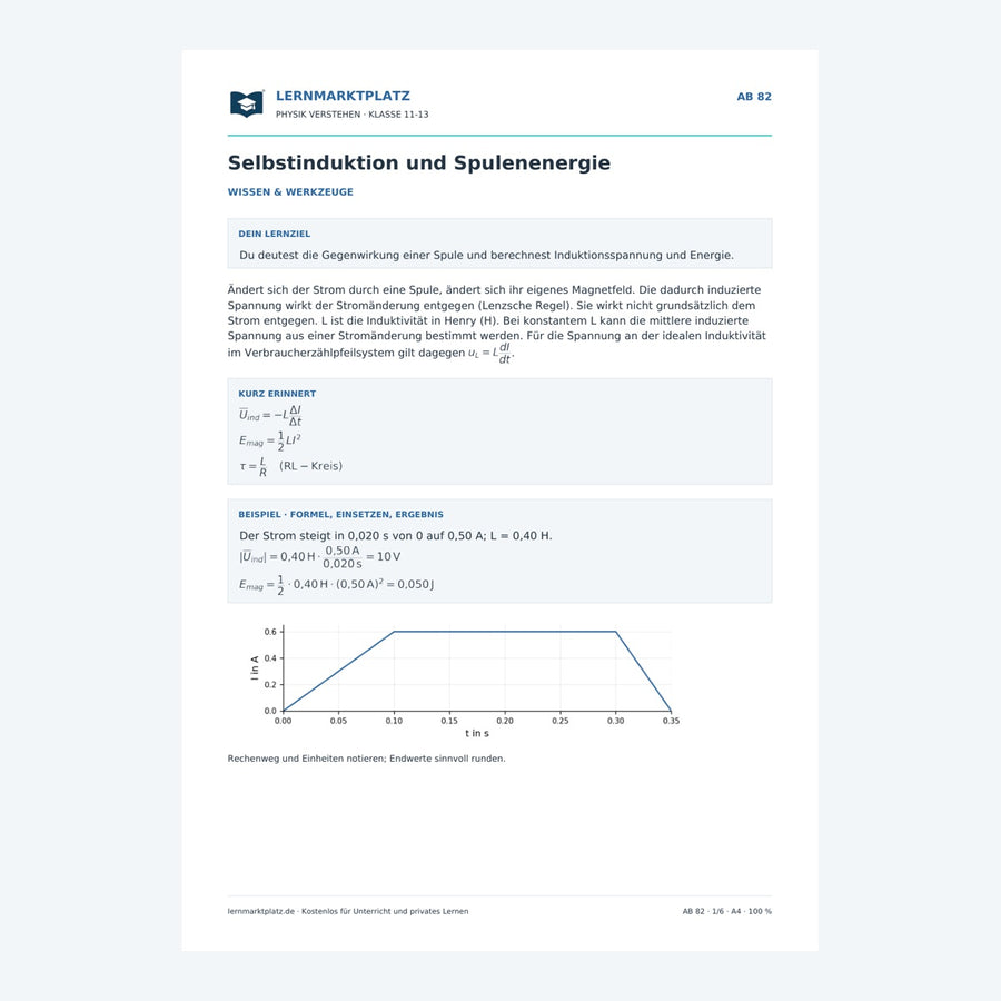 Selbstinduktion und Spulenenergie - kostenloses Physik-Arbeitsblatt mit Lösungen (PDF)