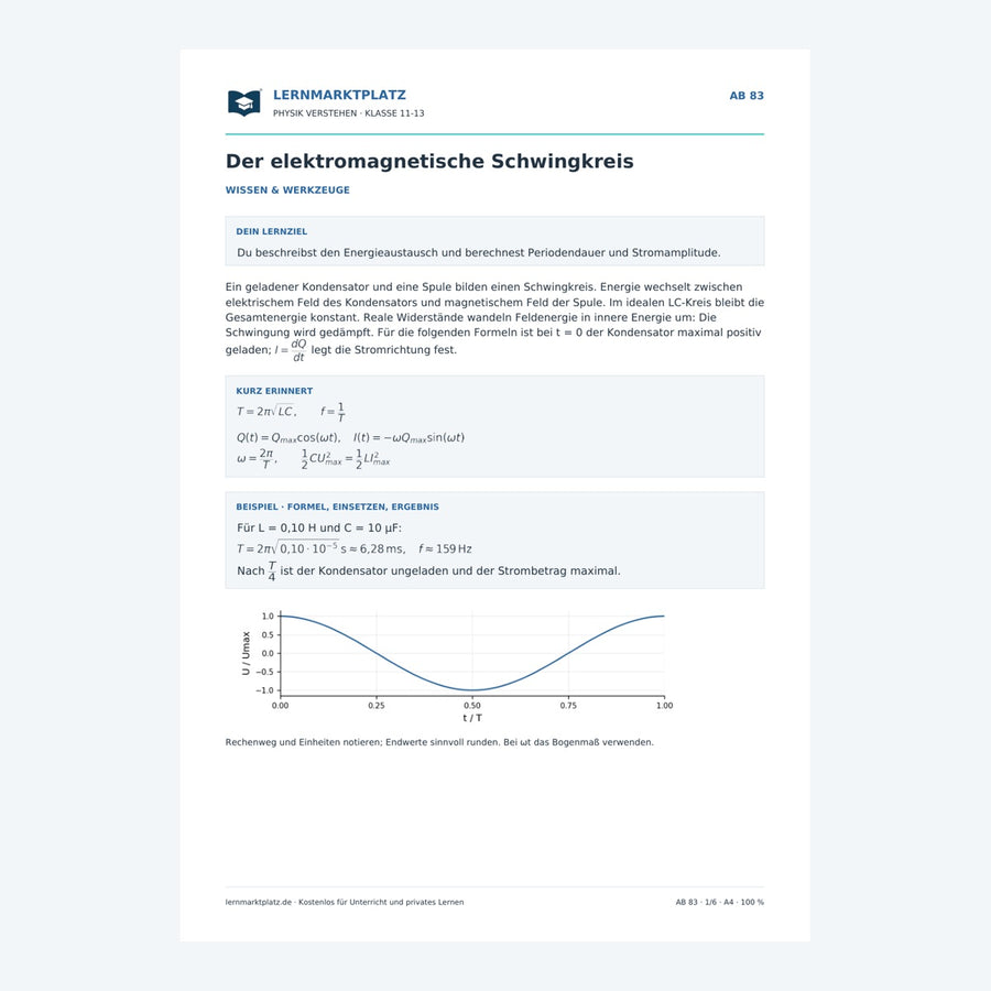 Der elektromagnetische Schwingkreis - kostenloses Physik-Arbeitsblatt mit Lösungen (PDF)