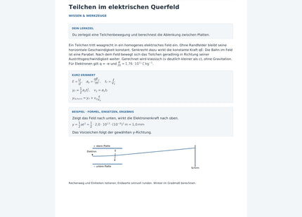 Teilchen im elektrischen Querfeld - kostenloses Physik-Arbeitsblatt mit Lösungen (PDF)
