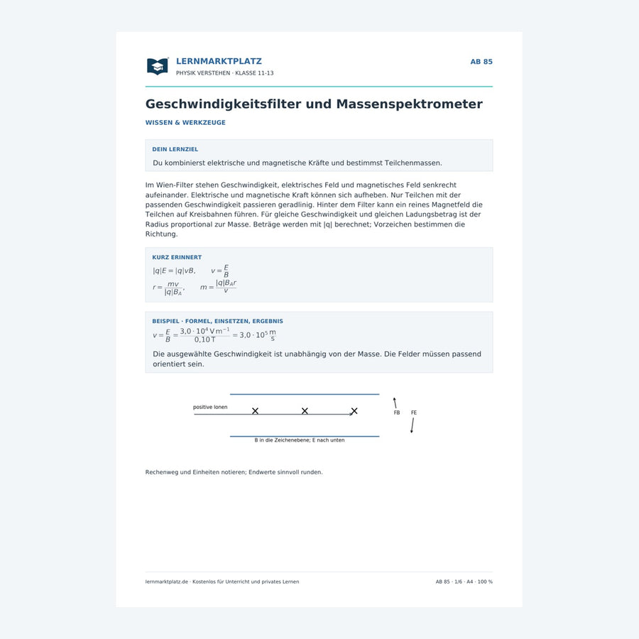 Geschwindigkeitsfilter und Massenspektrometer - kostenloses Physik-Arbeitsblatt mit Lösungen (PDF)