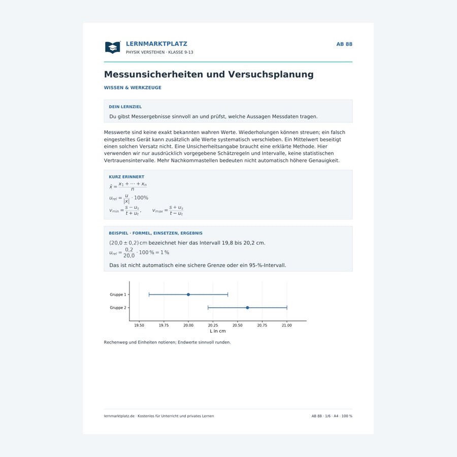 Messunsicherheiten und Versuchsplanung - kostenloses Physik-Arbeitsblatt mit Lösungen (PDF)