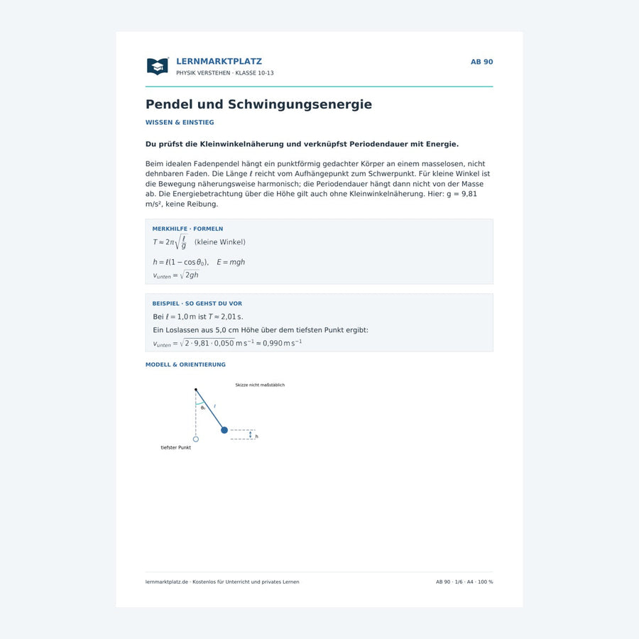 Pendel und Schwingungsenergie – Physik-Arbeitsblatt mit Lösungen