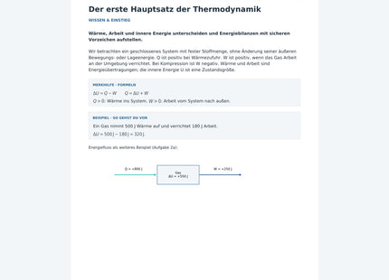 Der erste Hauptsatz der Thermodynamik – Physik-Arbeitsblatt mit Lösungen