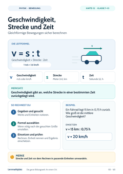 Geschwindigkeit, Strecke und Zeit – Physik-Lernkarte (kostenloses PDF)