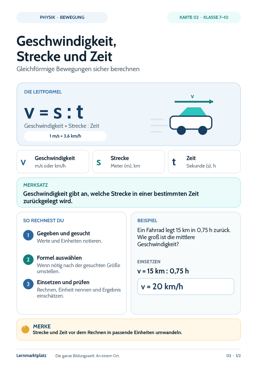 Geschwindigkeit, Strecke und Zeit – Physik-Lernkarte (kostenloses PDF)