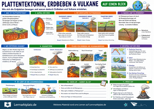 Plattentektonik, Erdbeben & Vulkane verstehen – Bewegungen der Erde einfach erklärt – Lernposter / Lernplakat als PDF