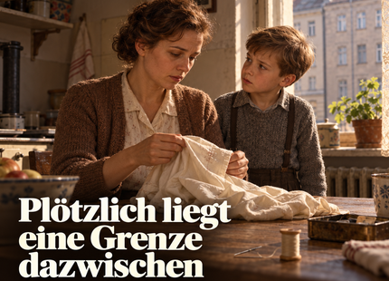 Plötzlich liegt eine Grenze dazwischen – KI-Illustration der erfundenen Ursula mit ihrem Sohn und einer reparierten Bluse, Ost-Berlin 1961.