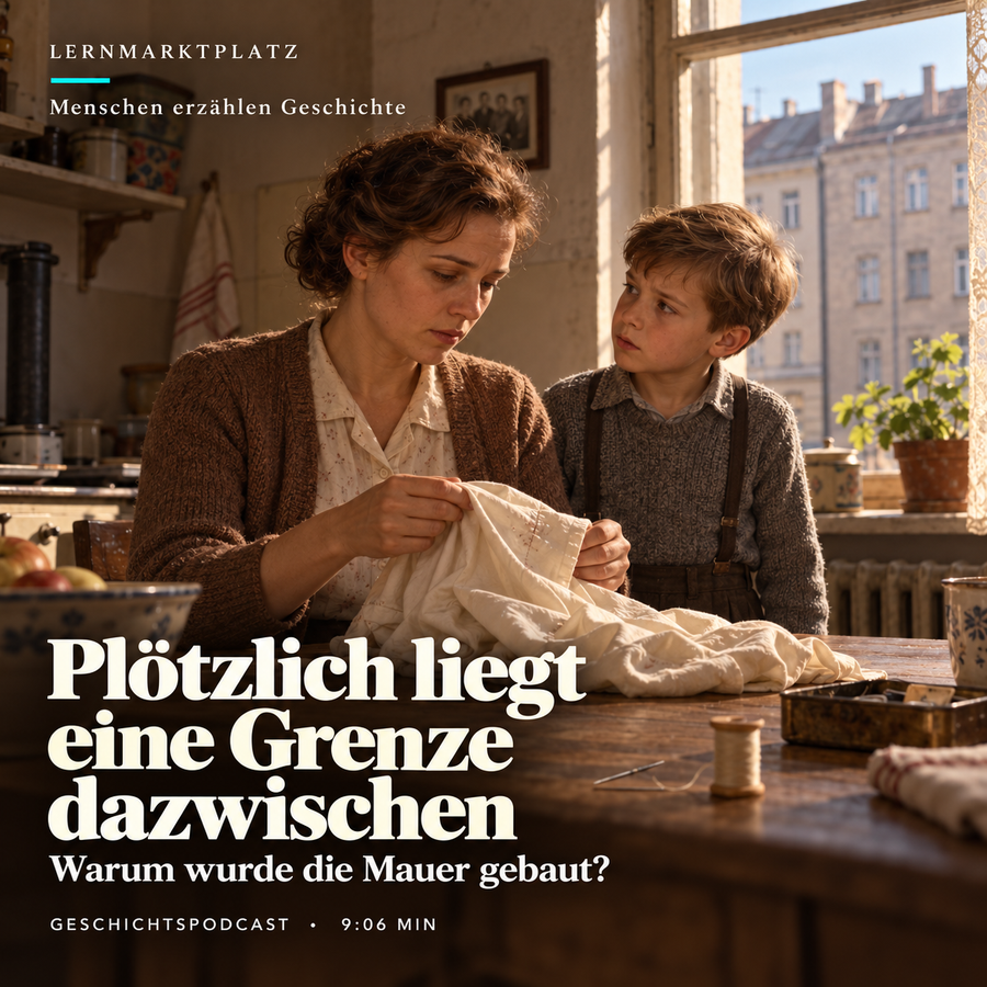 Plötzlich liegt eine Grenze dazwischen – KI-Illustration der erfundenen Ursula mit ihrem Sohn und einer reparierten Bluse, Ost-Berlin 1961.