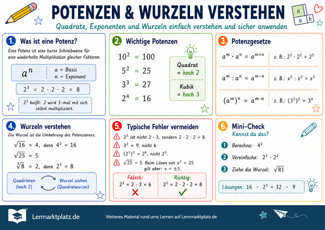 Potenzen und Wurzeln verstehen – Lernposter / Lernplakat als PDF zum Ausdrucken