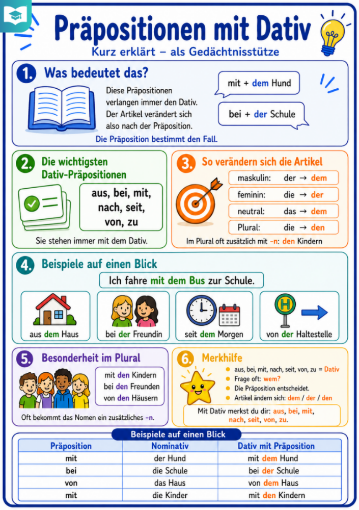 Präpositionen mit Dativ – Deutsch-Lernkarte (kostenloses PDF)