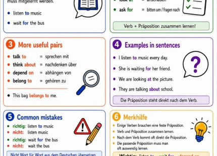 Prepositions after Verbs – Englisch-Lernkarte (kostenloses PDF)