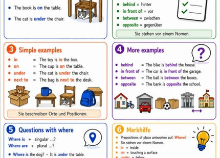 Prepositions of Place – Englisch-Lernkarte (kostenloses PDF)