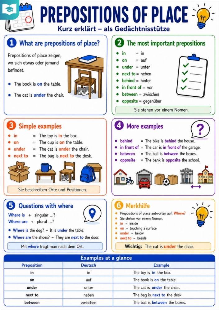 Prepositions of Place – Englisch-Lernkarte (kostenloses PDF)