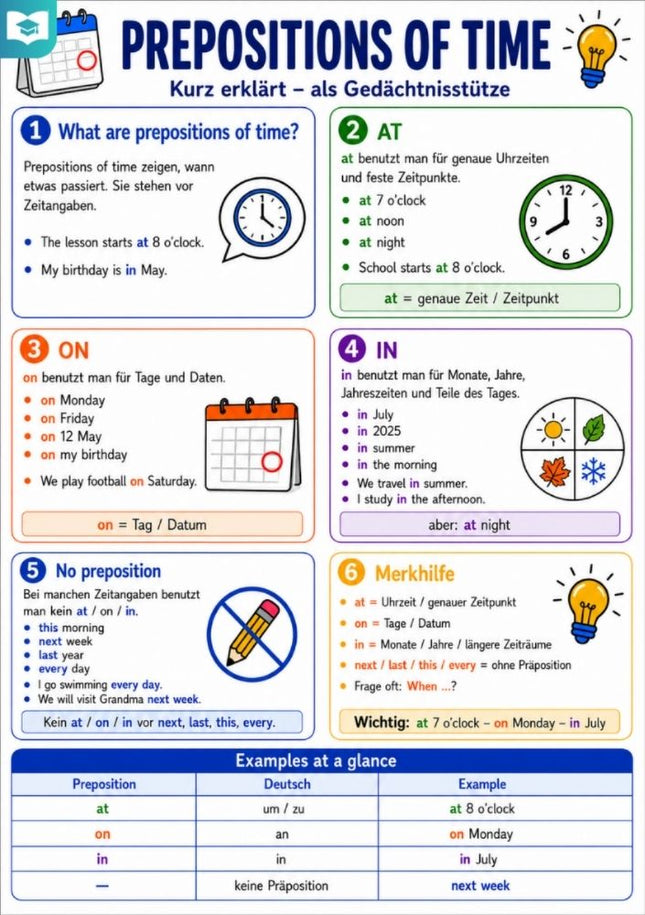 Prepositions of Time – Englisch-Lernkarte (kostenloses PDF)