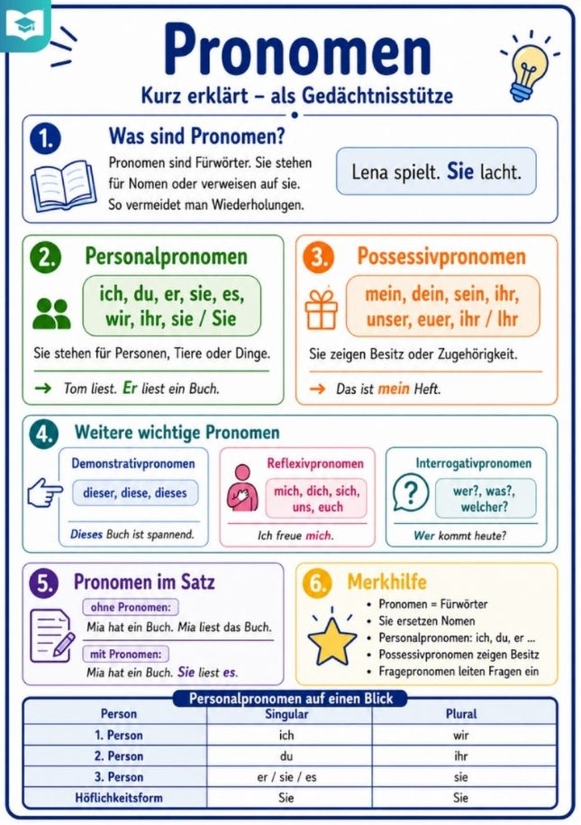Pronomen – Deutsch-Lernkarte (kostenloses PDF)