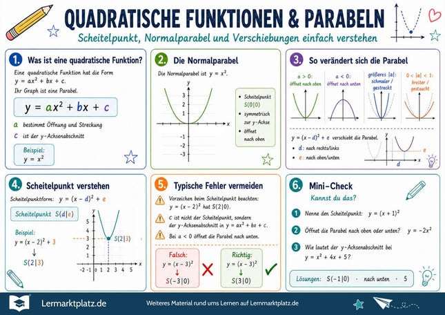 Quadratische Funktionen & Parabeln verstehen – Lernposter / Lernplakat als PDF zum Ausdrucken