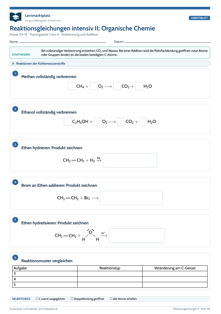 Reaktionsgleichungen intensiv II: Organische Chemie – kostenloses Arbeitsblatt mit Lösungen (PDF)
