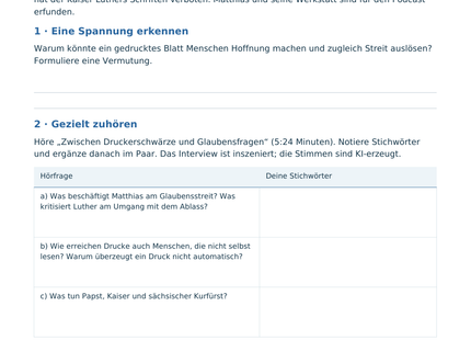 Originalvorschau A1: Fragen in der Druckerei, Einstiegsszene und Hörfragen zum Reformationspodcast.